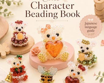 May include: A collection of small, intricate beaded animal figurines featuring bears and mice, some holding large heart-shaped beads or bells. The text "Cute Character Beading Book" and "Japanese language guide" is printed on the image.