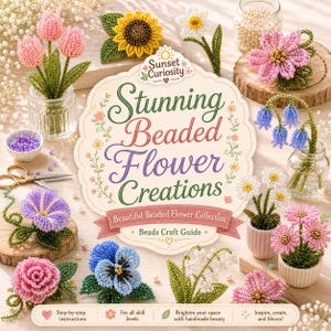 Pode incluir: Um guia de artesanato intitulado Stunning Beaded Flower Creations da Sunset Curiosity, apresentando várias flores feitas à mão com missangas, incluindo tulipas cor-de-rosa, um girassol amarelo, campainhas e uma rosa, com instruções passo a passo.