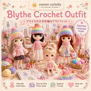 May include: A crochet pattern guide titled Blythe Crochet Outfit featuring four dolls wearing handmade colorful knit hats, sweaters, and skirts. The image includes yarn balls, baskets, and illustrated sketches, with text labels for outfit ideas and guides.