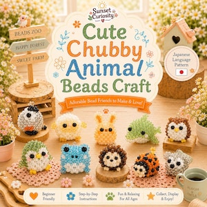 Può includere: Un kit per il fai da te intitolato Sunset Curiosity Cute Chubby Animal Beads Craft che presenta varie piccole figure di animali realizzate con perline colorate, tra cui un pinguino, una rana, un riccio, una coccinella e un gufo, con decorazioni.