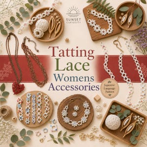 May include: A collection of tatting lace accessories including necklaces, bracelets, and earrings with floral motifs. The image features wooden trays, tatting shuttles, thread balls, and text reading Tatting Lace Womens Accessories.