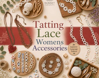 May include: A collection of tatting lace accessories including necklaces, bracelets, and earrings with floral motifs. The image features wooden trays, tatting shuttles, thread balls, and text reading Tatting Lace Womens Accessories.