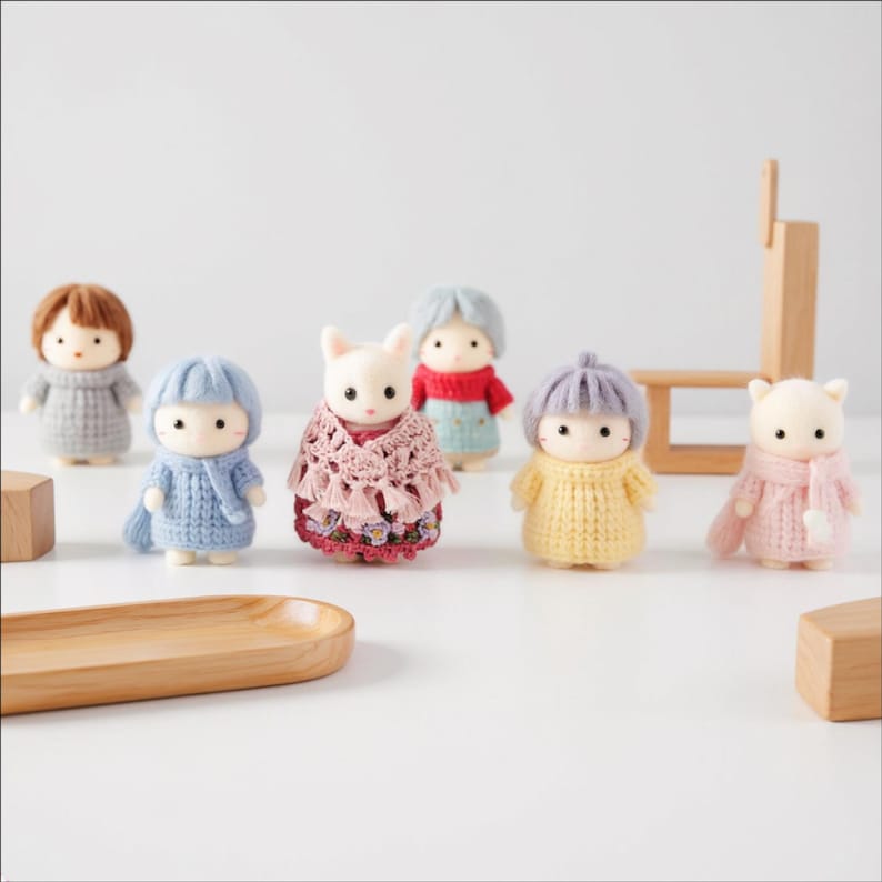 Pode incluir: Uma cole&ccedil;&atilde;o de seis pequenas figuras artesanais representando personagens antropom&oacute;rficos e figuras humanas. Est&atilde;o vestidas com camisolas de malha em miniatura, cachec&oacute;is e um xaile floral. As figuras t&ecirc;m rostos redondos e simples com pequenos pontos para olhos e boca.