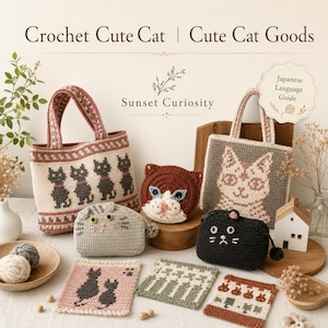 Op de afbeelding: Een collectie gehaakte items waaronder twee tassen met kattenpatronen, een rond tasje in de vorm van een kattengezicht, een grijs tasje, een zwart tasje en drie kleine vierkante onderzetters. De tekst luidt Crochet Cute Cat.