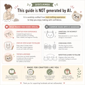 Pode incluir: Uma infografia informativa intitulada Disclaimer: This guide is NOT generated by AI. Apresenta ilustra&ccedil;&otilde;es de uma pessoa a fazer trabalhos manuais, uma cara de urso feita com missangas e tabelas comparativas sobre as vantagens de guias manuais.