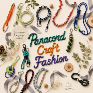 Puede incluir: Una colección de varios cordones y llaveros de paracord en naranja, verde, azul, rojo y negro, con clips y anillos de metal. El texto Paracord Craft Fashion se muestra en el centro, junto con una etiqueta circular que dice Japanese Language pattern.