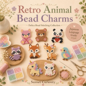 May include: A collection of Delica bead stitching charms featuring animal shapes including a bear, panda, fox, deer, bird, unicorn, cat, and raccoon. The set includes small plastic bead organizers, a needle, scissors, and loose beads.