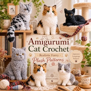 May include: A collection of six crocheted cat plushies in various colors and patterns, including grey, black, and calico, displayed around a book titled Amigurumi Cat Crochet Realistic Furry Plush Patterns by Sunset Curiosity.