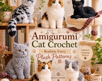 May include: A collection of six crocheted cat plushies in various colors and patterns, including grey, black, and calico, displayed around a book titled Amigurumi Cat Crochet Realistic Furry Plush Patterns by Sunset Curiosity.