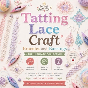 Peut inclure: Un guide de loisirs créatifs intitulé Tatting Lace Craft Bracelet and Earrings avec du texte, des illustrations de bijoux en dentelle, des navettes de frivolité et des pelotes de fil. La couverture inclut des icônes pour la langue japonaise.