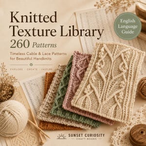 Pode incluir: Um livro intitulado Knitted Texture Library 260 Patterns apresentando amostras de tricô em bege, rosa, verde e laranja com padrões de cabos e renda. A capa inclui o texto English Language Guide e Sunset Curiosity Craft Books.