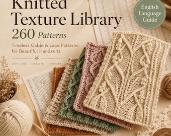 May include: A book titled Knitted Texture Library 260 Patterns featuring a beige, pink, green, and orange knitted swatch with cable and lace designs. The cover includes the text English Language Guide and Sunset Curiosity Craft Books.