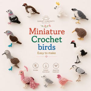 Könnte beinhalten: Eine Sammlung von zwölf kleinen, handgefertigten Häkelvögeln, die kreisförmig um den Text SUNSET CURIOSITY BRANDING, Miniature Crochet birds, Easy to make, Simple, Instant download und Good for beginner angeordnet sind, in verschiedenen Farben.