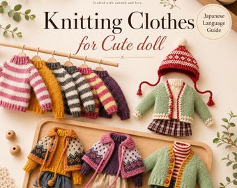 May include: A collection of miniature knitted doll clothes including sweaters, cardigans, skirts, and pants. The text reads SUNSET CURIOSITY, Knitting Clothes for Cute doll, and Japanese Language Guide. Various colorful garments are displayed on a wooden rack and a wooden tray.