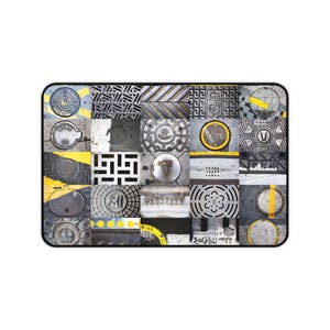 Tapis de bureau industriel jaune gris, collage de trous d'homme urbains, grand tapis de souris, décoration de bureau d'architecte, cadeau d'ingénierie, sous-sol de jeu étendu