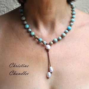 Pearl and Leather Necklace Turquoise Necklace Leather Lariat with Turquoise Jasper Adjustable Length Necklace Boho Jewelry image 1