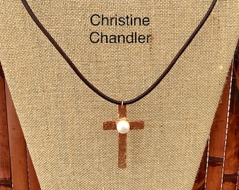 The Pearl of Great Price - Hammered Copper Cross Necklace with large Freshwater Pearl riveted to cross - copper necklace - cross necklace