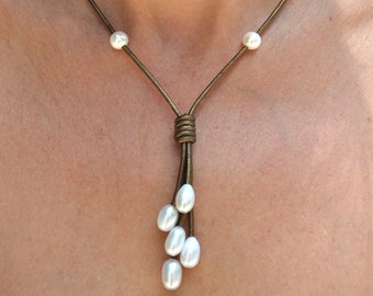 Pearl and Leather Necklace - Freshwater Pearl Lariat - Pearl and Leather Lariat - Pearl and Leather Jewelry - Pearl and Leather Necklace