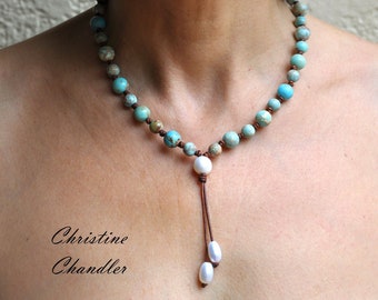 Pearl and Leather Necklace - Turquoise Necklace - Leather Lariat - with Turquoise Jasper - Adjustable Length Necklace - Boho Jewelry