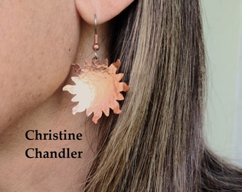 Solid Copper Sun Earrings - Large Sun Earrings - Hammered Copper Earrings - Hammered Copper Sun Earrings - Copper Sun Jewelry - Sun Jewelry