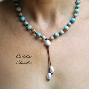 Pearl and Leather Necklace Turquoise Necklace Leather Lariat with Turquoise Jasper Adjustable Length Necklace Boho Jewelry image 2