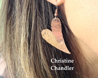 Solid Copper Heart Earrings - Copper Funky Heart Earrings - Hammered Solid Copper Earrings - Copper Jewelry - Hammered Copper Heart Earrings