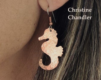 Copper Seahorse Earrings - Solid Copper Earrings - Solid Copper Seahorse Earrings - Hammered Copper Earrings - Seahorse Earrings - Seahorse