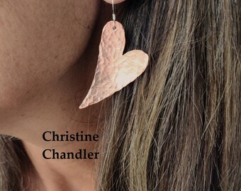 Solid Copper Heart Earrings - Copper Funky Heart Earrings - Hammered Solid Copper Earrings - Copper Jewelry - Hammered Copper Heart Earrings