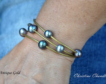 Pearl and Leather Bracelet - 3 Strand - Pearl and Leather Jewelry - Leather Bracelet - Pearl Bracelet - Peacock Pearl Bracelet - Leather
