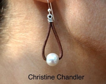 Pearl and Leather Earrings -Large Pearl Drop Earrings - Pearl and Leather Jewelry Collection