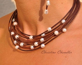 Pearl and Leather Necklace - Multi Strand Leather Necklace - Freshwater Pearls - Pearl and Leather Jewelry - Leather Necklace - Leather