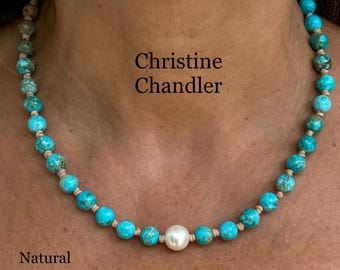 Turquoise Jasper on Leather and Pearl Necklace - Pearl and Leather Necklace - Turquoise Jasper Necklace - Leather Jewelry - Leather Necklace