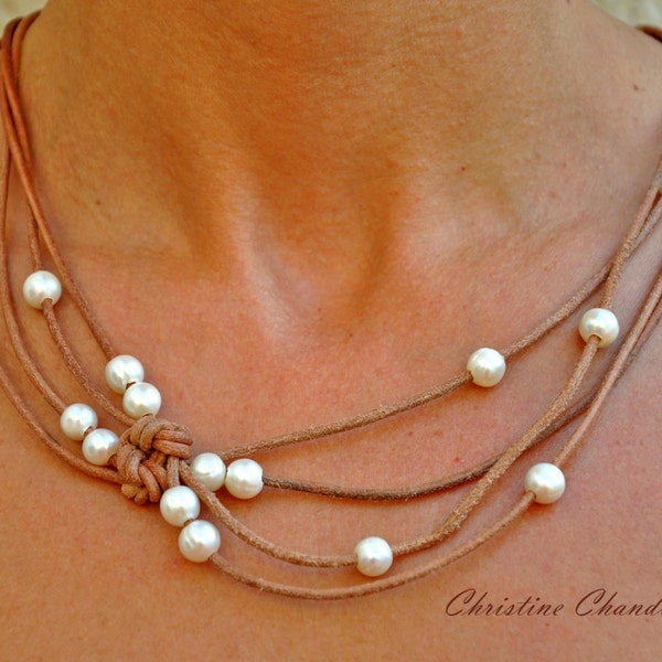 Pearl and Leather Jewelry - Reef Knot Leather Necklace - Pearl and Leather Jewelry - Pearl Necklace - Leather Necklace - Leather Pearl Jewel