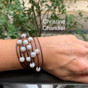 Pearl and Leather Bracelet Multi-Strand Leather Pearl Pearl and Leather Jewelry Christine Chandler Leather and Pearl Bracelet image 2