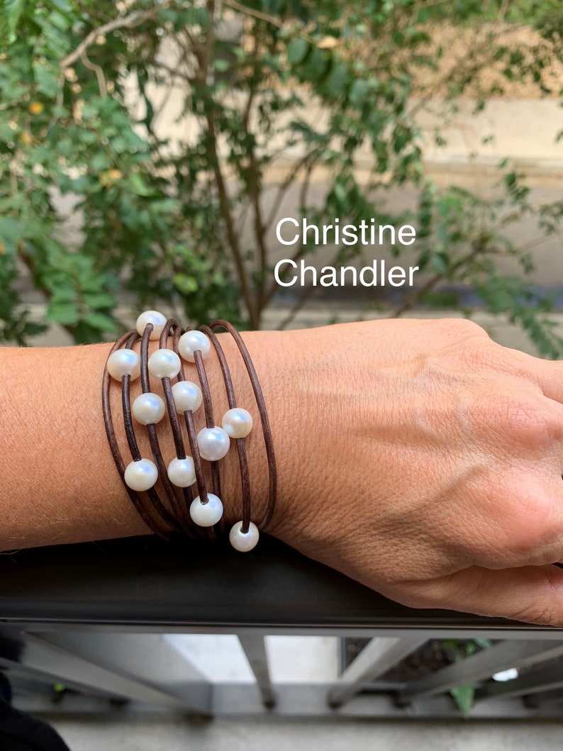 Pearl and Leather Bracelet Multi-Strand Leather Pearl Pearl and Leather Jewelry Christine Chandler Leather and Pearl Bracelet image 2