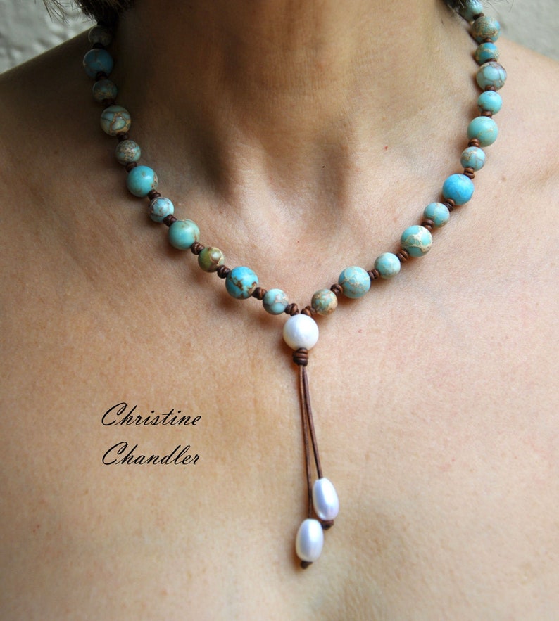 Pearl and Leather Necklace Turquoise Necklace Leather Lariat with Turquoise Jasper Adjustable Length Necklace Boho Jewelry image 2