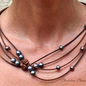 Pearl and Leather Jewelry Necklace Black Peacock Reef Knot Necklace Pearl and Leather Jewelry Collection image 3