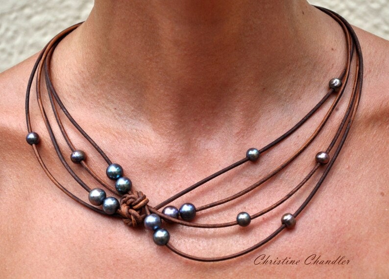 Pearl and Leather Jewelry Necklace Black Peacock Reef Knot Necklace Pearl and Leather Jewelry Collection image 3