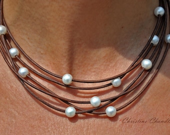 Pearl and Leather Necklace - 5 Strand Leather and Pearl Necklace - Leather and Pearl Jewelry - Pearl and Leather Jewelry - Leather Necklace