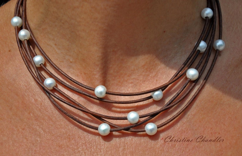 Pearl and Leather Necklace 5 Strand Leather and Pearl Necklace Leather and Pearl Jewelry Pearl and Leather Jewelry Leather Necklace image 1