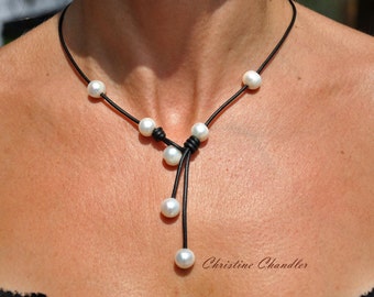 Pearl and Leather Necklace - Cascada Pearl Necklace - Pearl and Leather Jewelry - Leather Necklace - Leather and Pearl Necklace - Leather