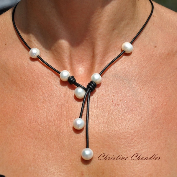 Pearl and Leather Necklace - Cascada Pearl Necklace - Pearl and Leather Jewelry - Pearl Necklace - Leather and Pearl Necklace- Pearl Jewelry