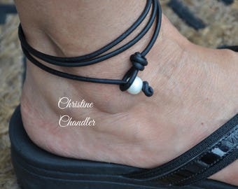 Leather and Pearl Wrap Anklet - Wrap Necklace - Wrap Bracelet - Pearl and Leather Bracelet-Pearl and Leather Anklet-One Pearl Wrap Necklace
