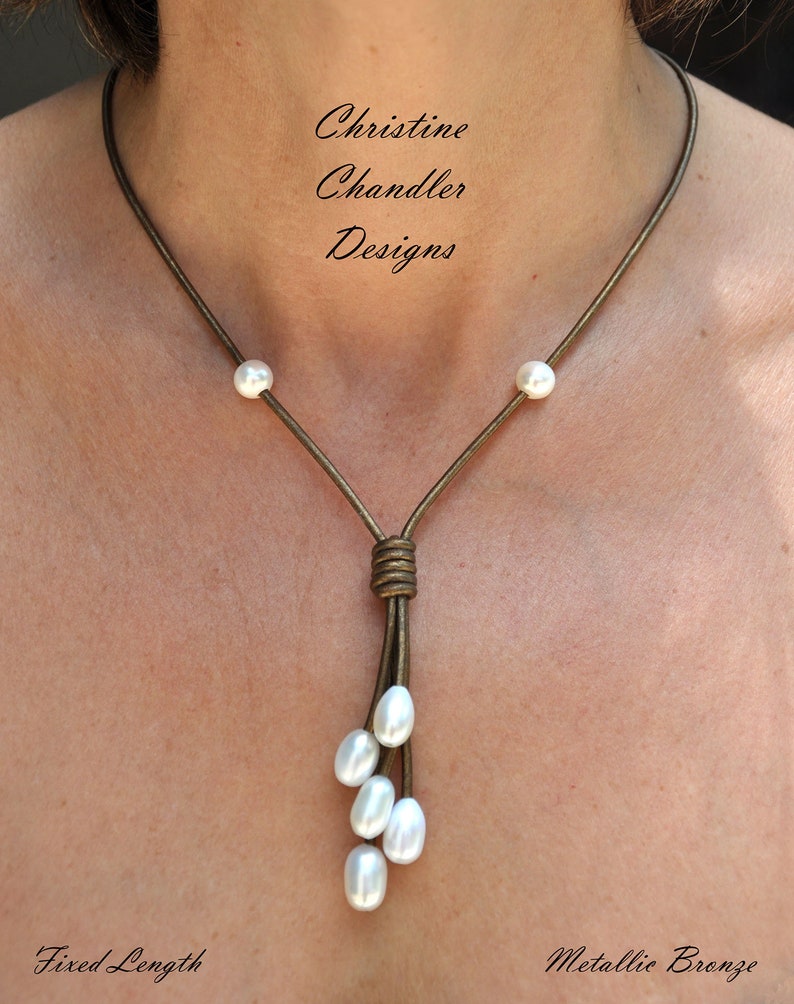 Pearl and Leather Necklace Freshwater Pearl Lariat Pearl and Leather Lariat Pearl and Leather Jewelry Pearl and Leather Necklace image 1