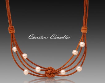 Leather Necklace - Pearl and Leather Necklace - "Angel Wings" - Christine Chandler - Pearl and Leather Necklace - Pearl and Leather Jewelry