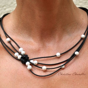 Pearl and Leather Jewelry Necklace Black Peacock Reef Knot Necklace Pearl and Leather Jewelry Collection image 4