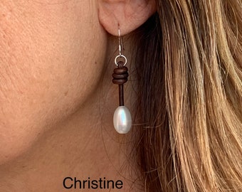 Leather and Pearl Earrings - Pearl Earrings - Pearl Jewelry - One Pearl Earrings - Pearl and Leather earrings - Leather and Pearl Jewelry