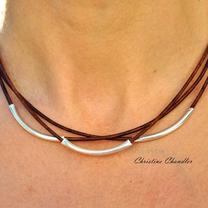 Leather Necklace Christine Chandler Leather and Sterling Silver Necklace 3 Strand Leather Necklace Leather Jewelry Sterling Silver image 1