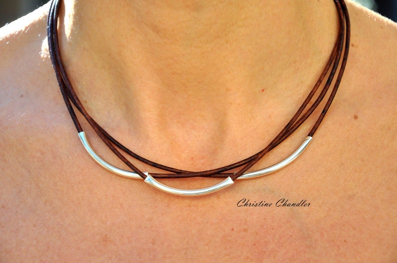 Leather Necklace Christine Chandler Leather and Sterling Silver Necklace 3 Strand Leather Necklace Leather Jewelry Sterling Silver image 1