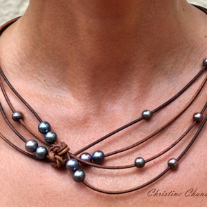 Pearl and Leather Jewelry Brown Peacock Reef Knot Necklace Pearl and Leather Jewelry Collection image 1